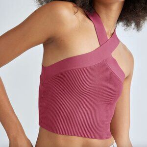 Babaton Sculpt Knit Criss Cross Cropped Tank Ribbed Halter in Dusty Rose size XL